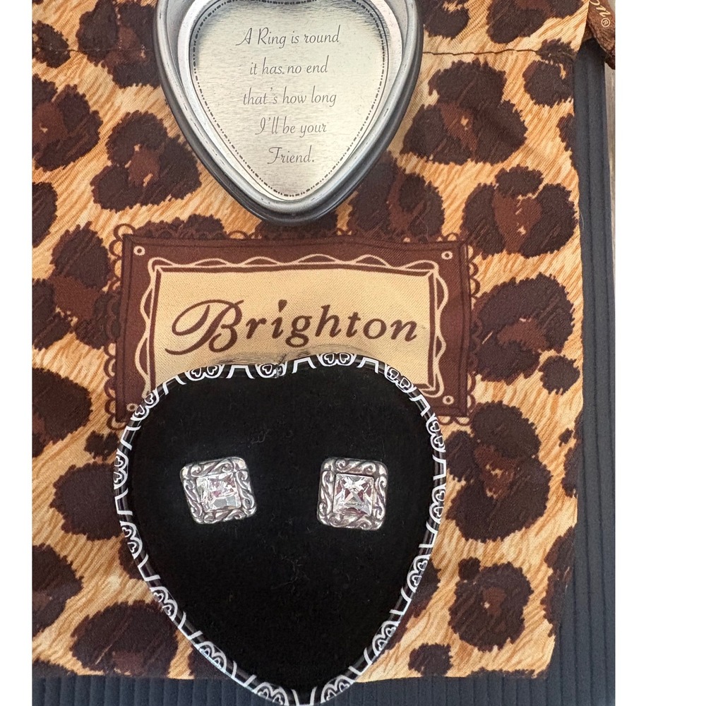 Brighton Silver Tone Square Scroll Filigree Clear Crystal Stud Earrings with Tin - Picture 2 of 7